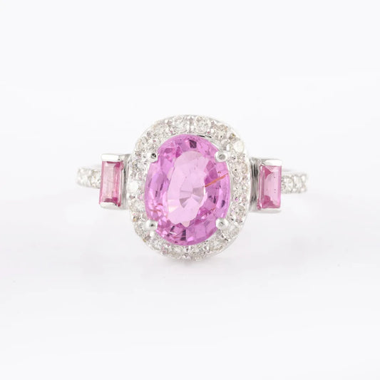 Fashionable Jewelry 18K Solid White Gold Natural Pink Sapphire & Diamond Ring