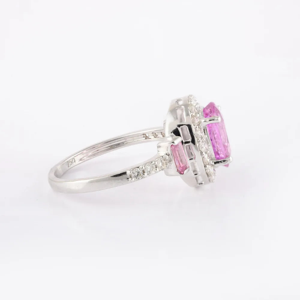 Fashionable Jewelry 18K Solid White Gold Natural Pink Sapphire & Diamond Ring