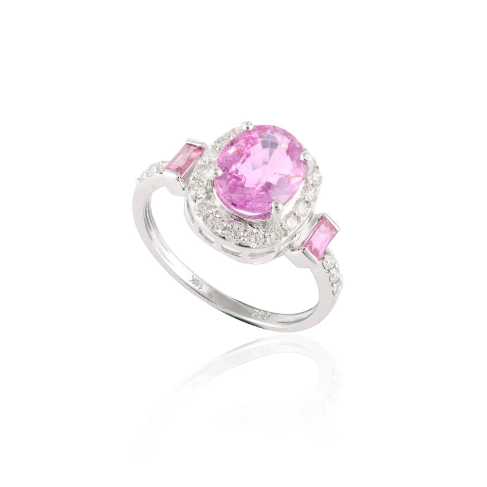 Fashionable Jewelry 18K Solid White Gold Natural Pink Sapphire & Diamond Ring