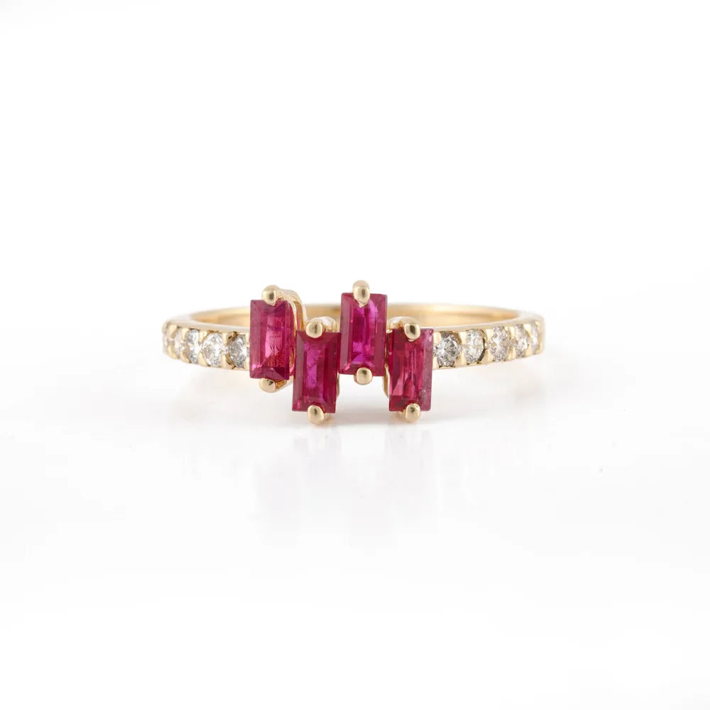 Minimalist Jewelry Natural Ruby & Diamond 14K Solid Yellow Gold Charm Ring