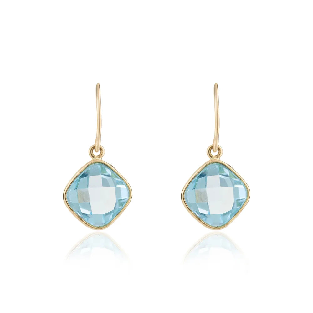 Cushion Shape Blue Topaz 14K Yellow Gold Earring