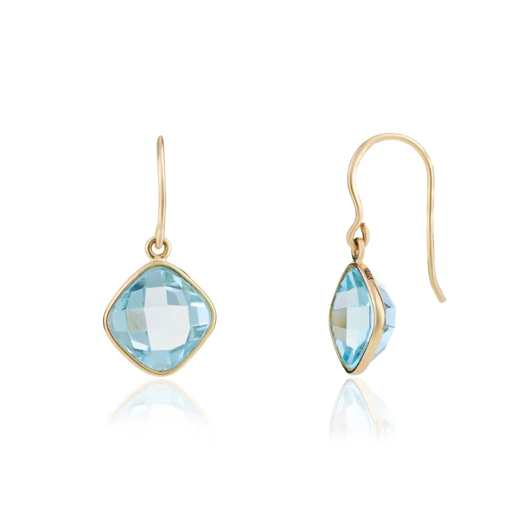 Cushion Shape Blue Topaz 14K Yellow Gold Earring