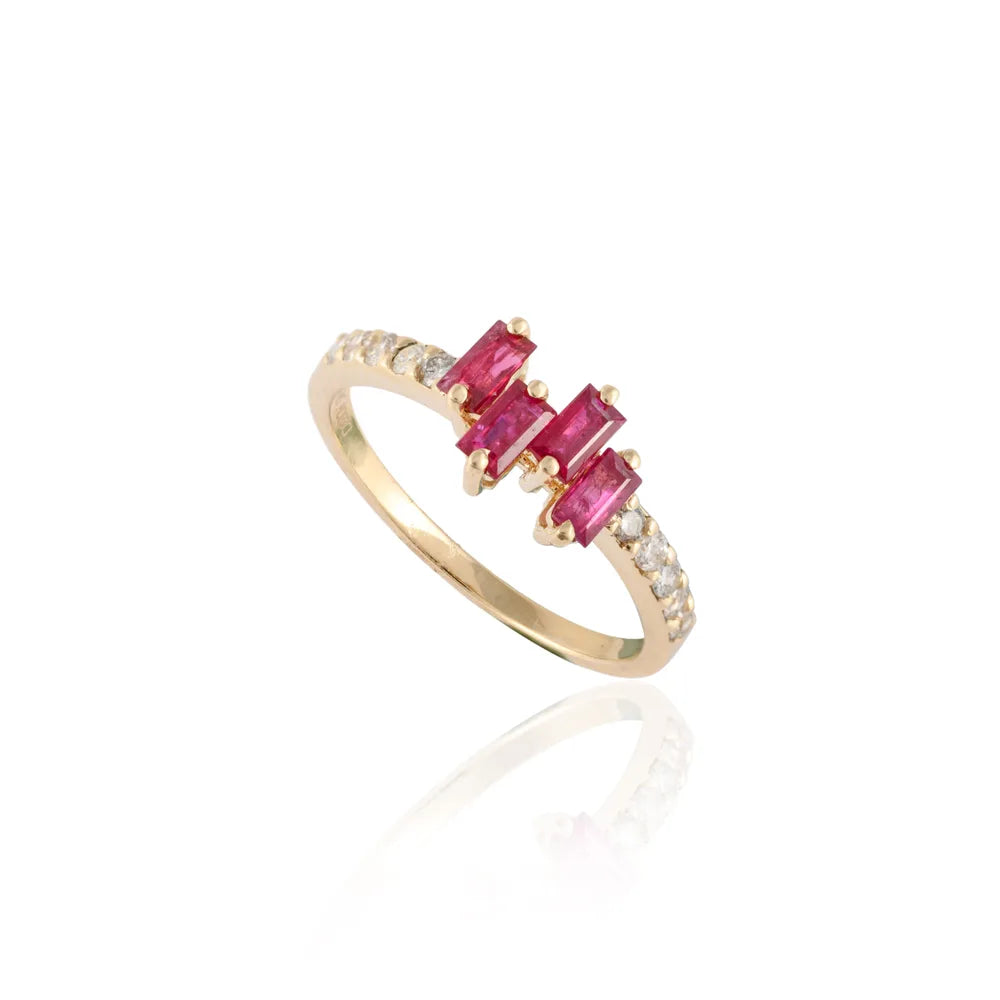 Minimalist Jewelry Natural Ruby & Diamond 14K Solid Yellow Gold Charm Ring