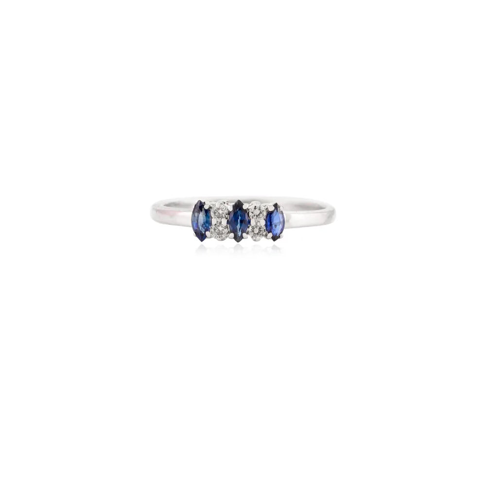 Marquise Shape Blue Sapphire & Diamond 14K White Gold Three Stone Ring