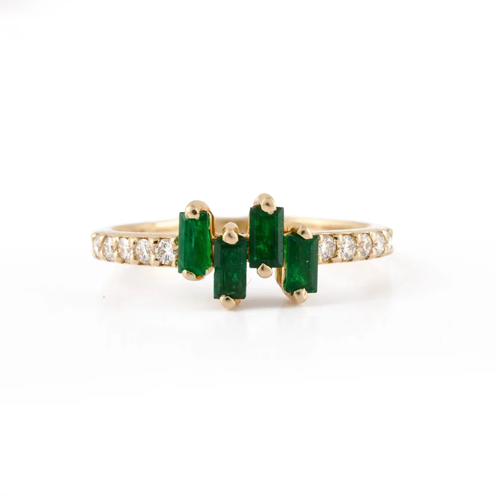 Custom Jewelry 14K Solid Yellow Gold Natural Emerald & Diamond Minimal Ring