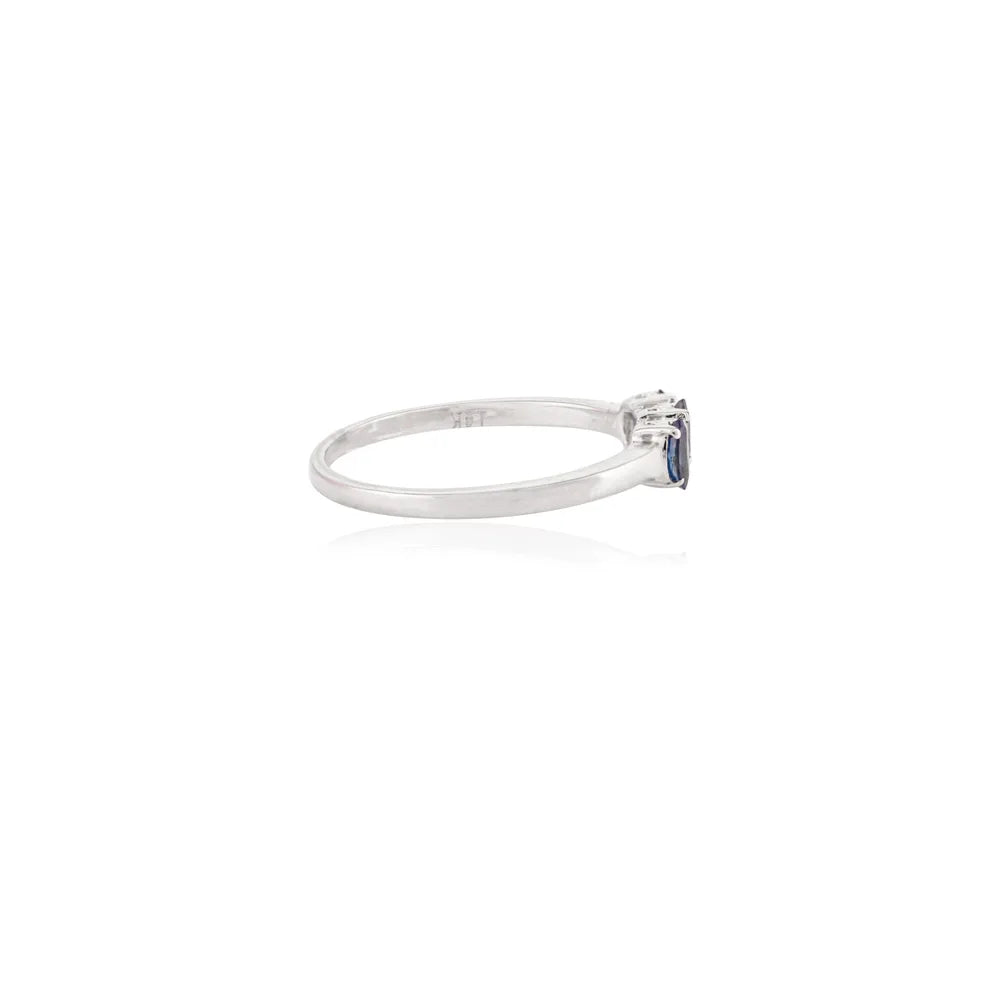 Marquise Shape Blue Sapphire & Diamond 14K White Gold Three Stone Ring