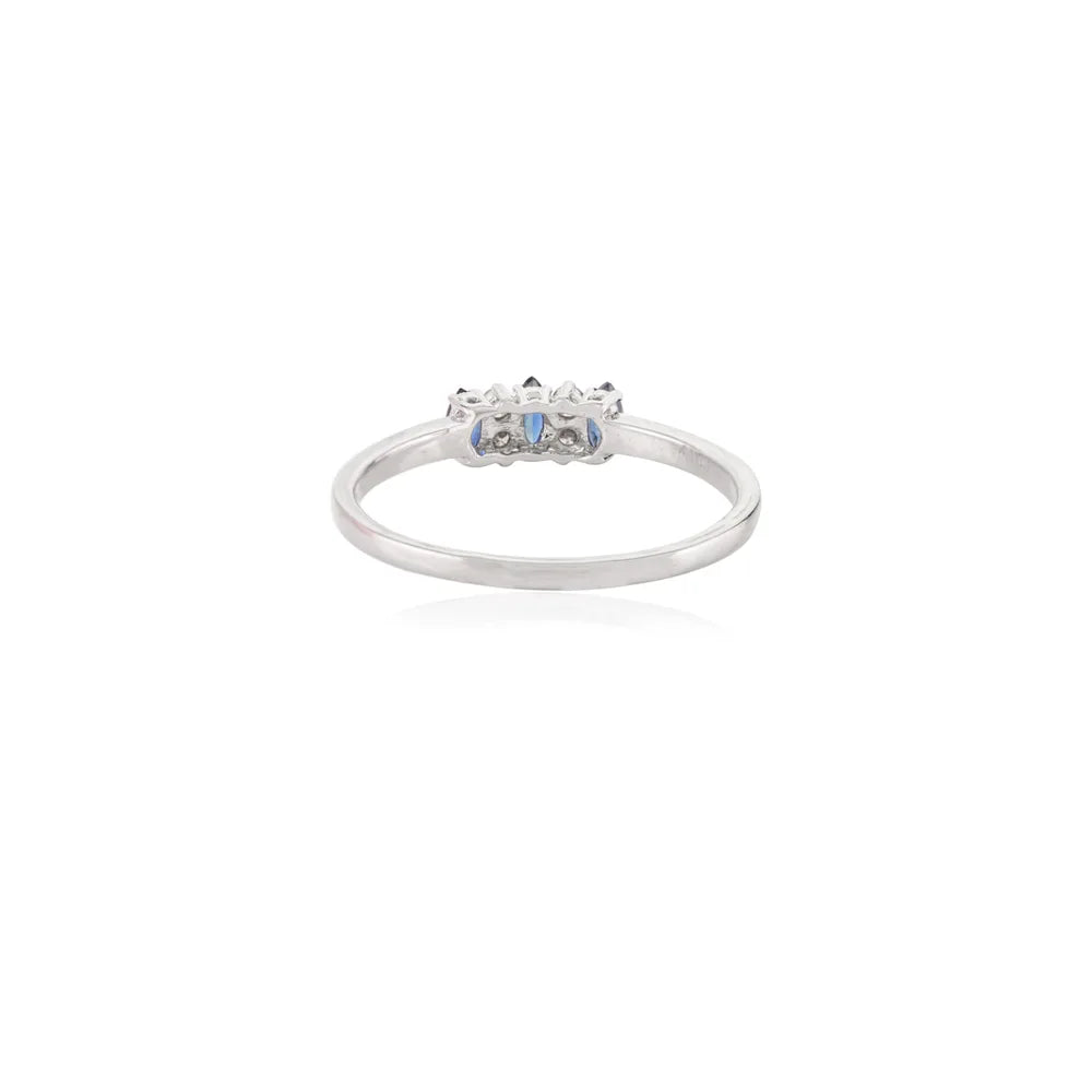 Marquise Shape Blue Sapphire & Diamond 14K White Gold Three Stone Ring