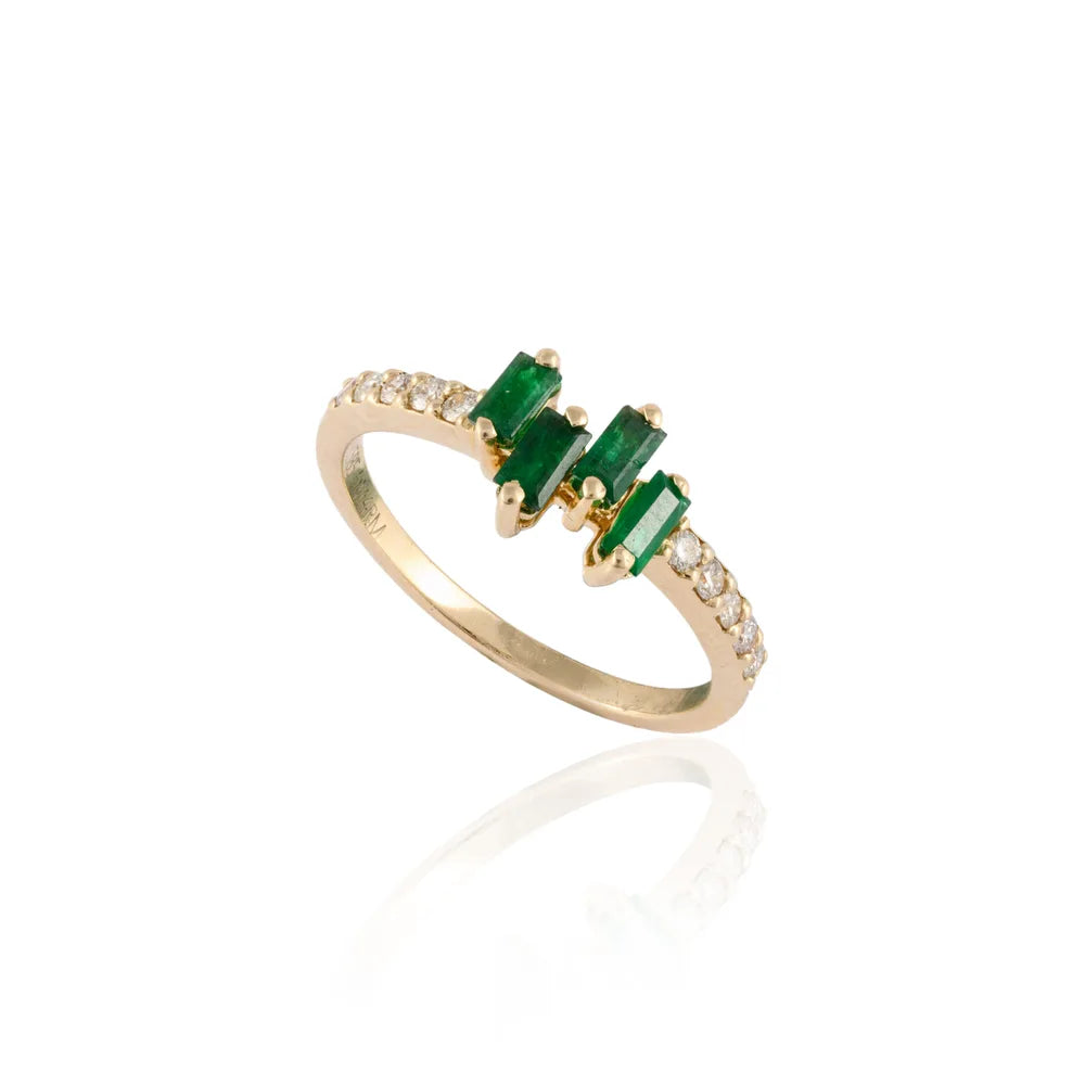 Custom Jewelry 14K Solid Yellow Gold Natural Emerald & Diamond Minimal Ring