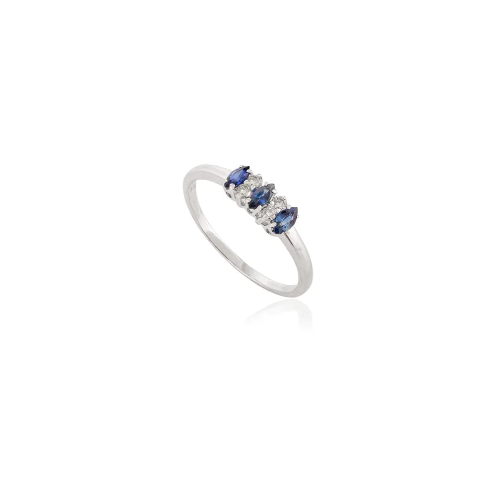 Marquise Shape Blue Sapphire & Diamond 14K White Gold Three Stone Ring