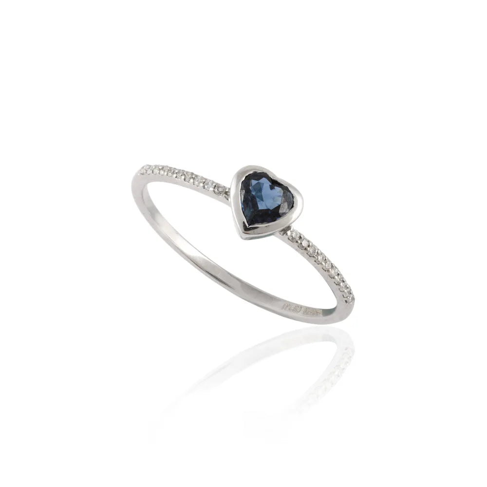 Handmade Natural Heart Shape Blue Sapphire & Diamond 18K White Gold Dainty Ring