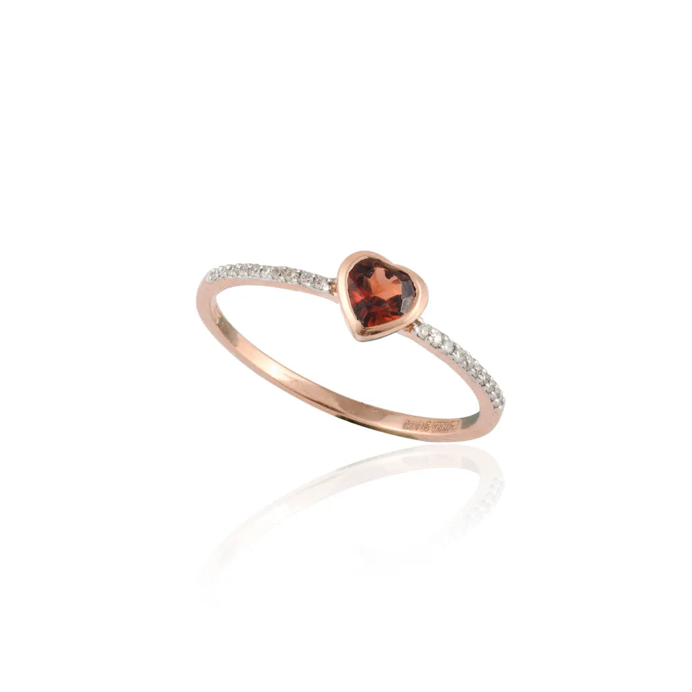 Minimal Jewelry Natural Heart Shape Garnet & Diamond 18K Rose Gold Stackable Band Ring