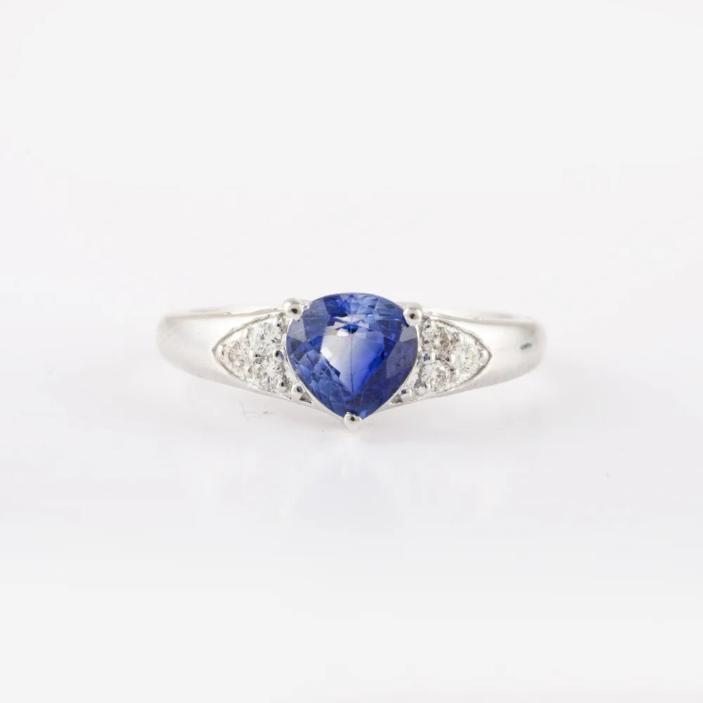 Handcrafted Natural Blue Sapphire & Diamond 14K Solid White Gold Statement Ring