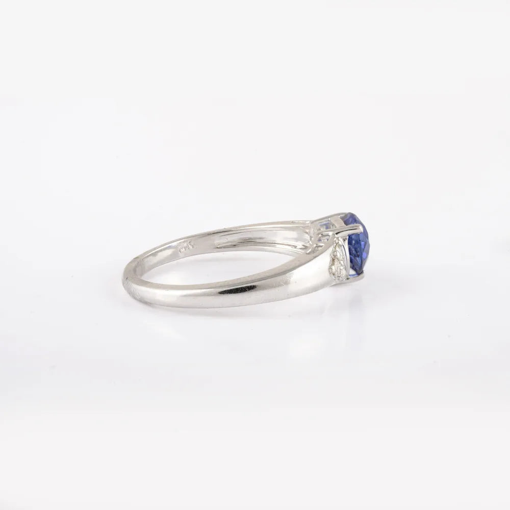 Handcrafted Natural Blue Sapphire & Diamond 14K Solid White Gold Statement Ring