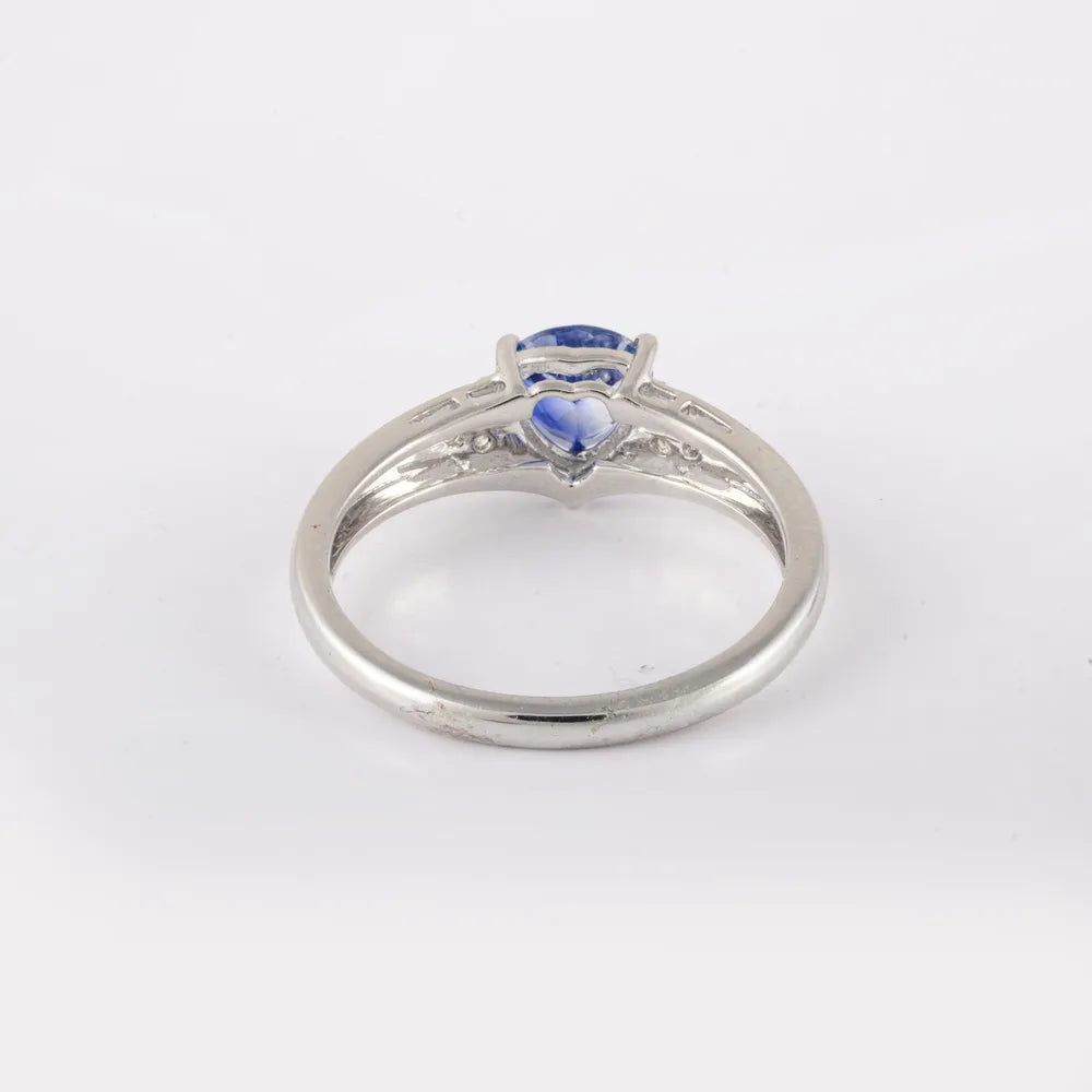 Handcrafted Natural Blue Sapphire & Diamond 14K Solid White Gold Statement Ring