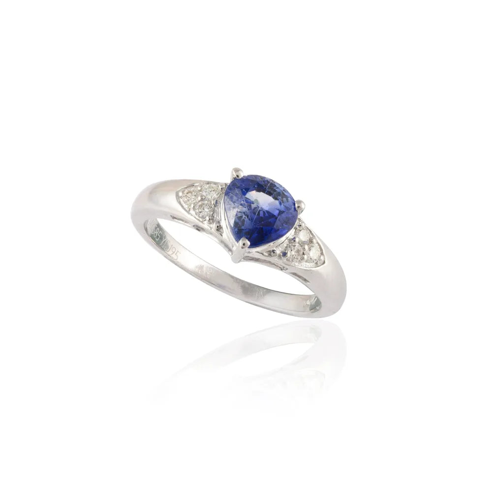 Handcrafted Natural Blue Sapphire & Diamond 14K Solid White Gold Statement Ring