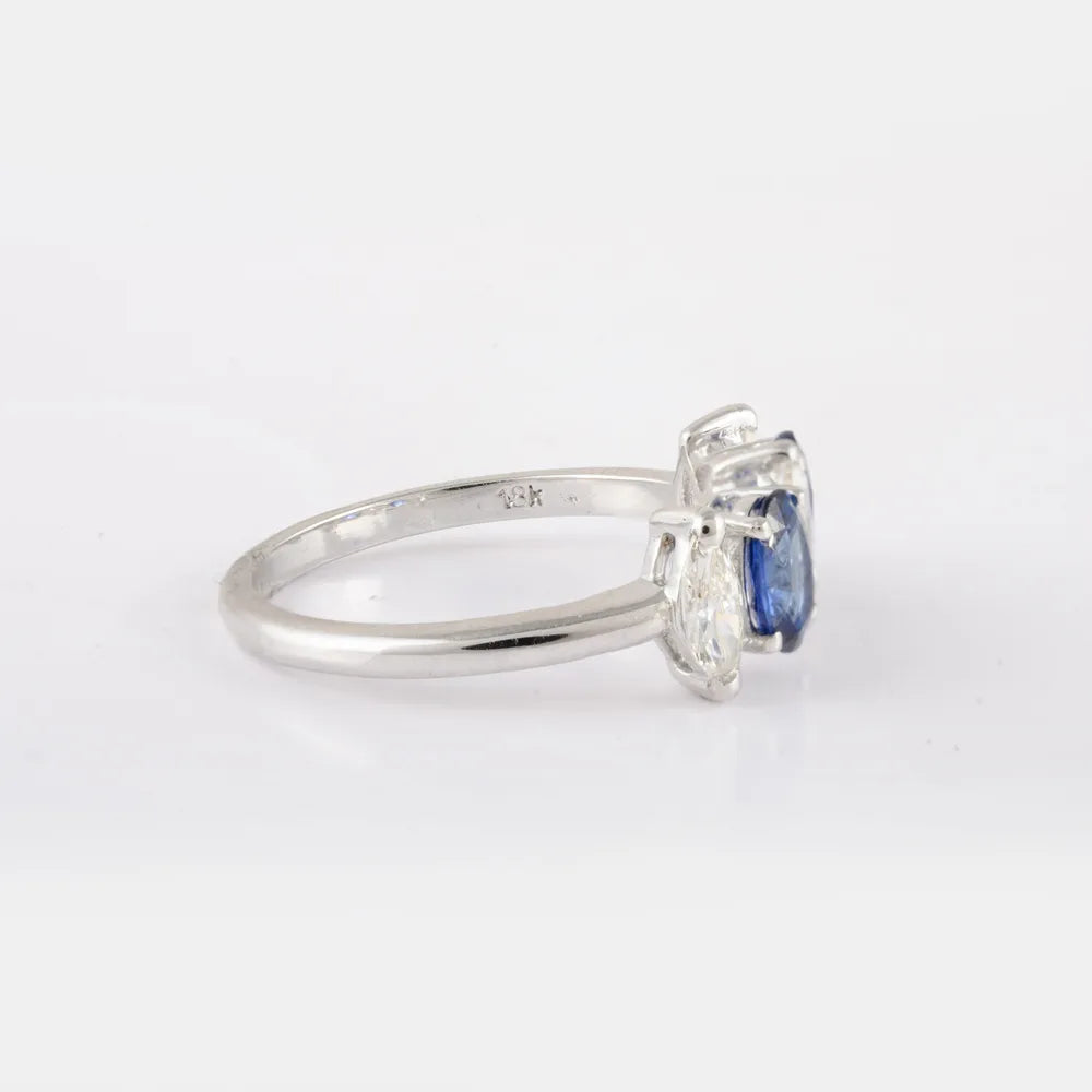 Natural Two Blue Sapphire & Three Diamond 18K Solid White Gold Half Band Ring