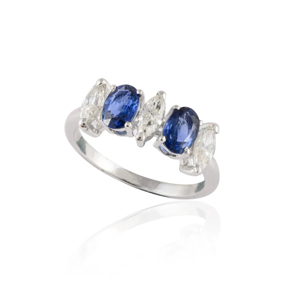 Natural Two Blue Sapphire & Three Diamond 18K Solid White Gold Half Band Ring