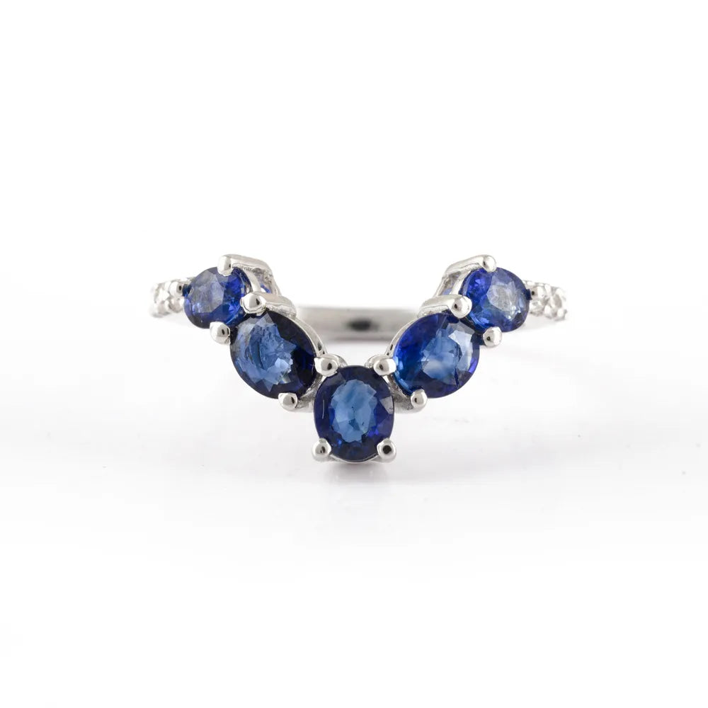 Fashionable Jewelry Natural Curved Blue Sapphire & Diamond 14K Solid White Gold Ring