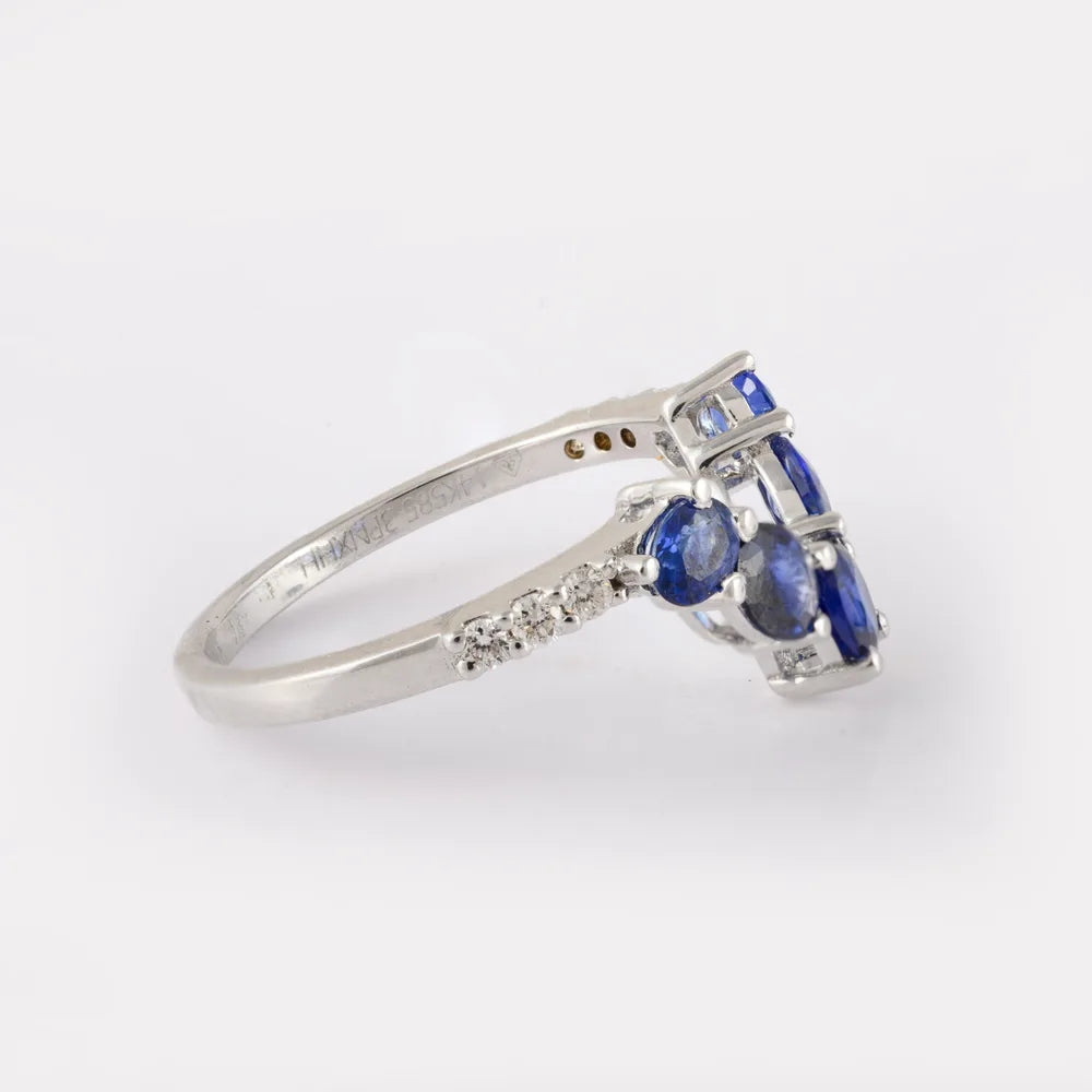 Fashionable Jewelry Natural Curved Blue Sapphire & Diamond 14K Solid White Gold Ring