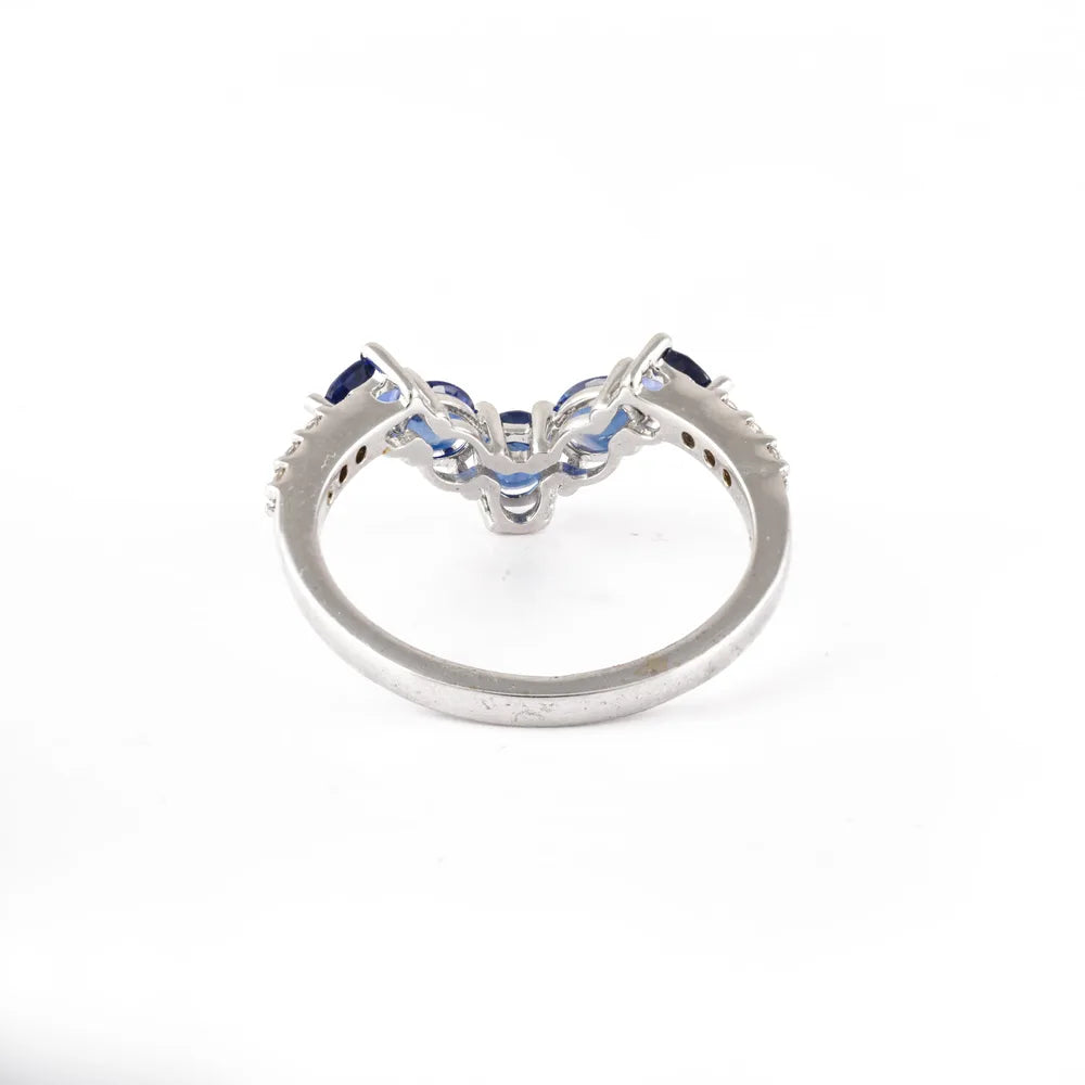 Fashionable Jewelry Natural Curved Blue Sapphire & Diamond 14K Solid White Gold Ring