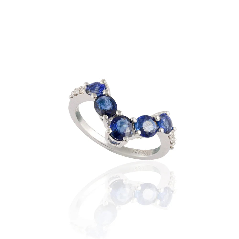 Fashionable Jewelry Natural Curved Blue Sapphire & Diamond 14K Solid White Gold Ring