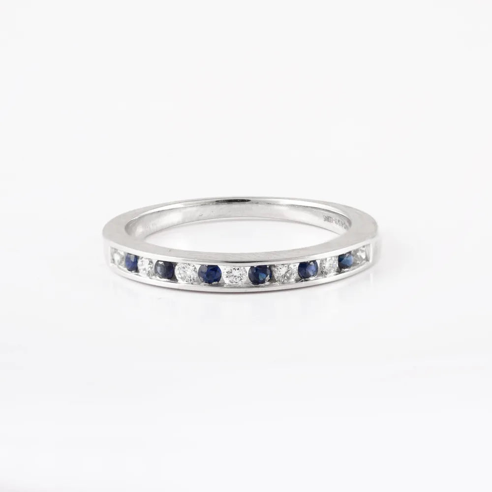 Minimal Jewelry Natural Blue Sapphire & Diamond 18K Solid White Gold Full Eternity Band Ring