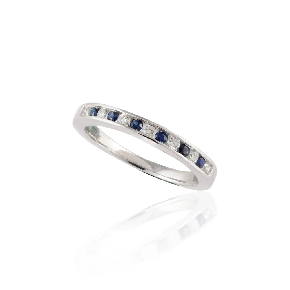 Minimal Jewelry Natural Blue Sapphire & Diamond 18K Solid White Gold Full Eternity Band Ring