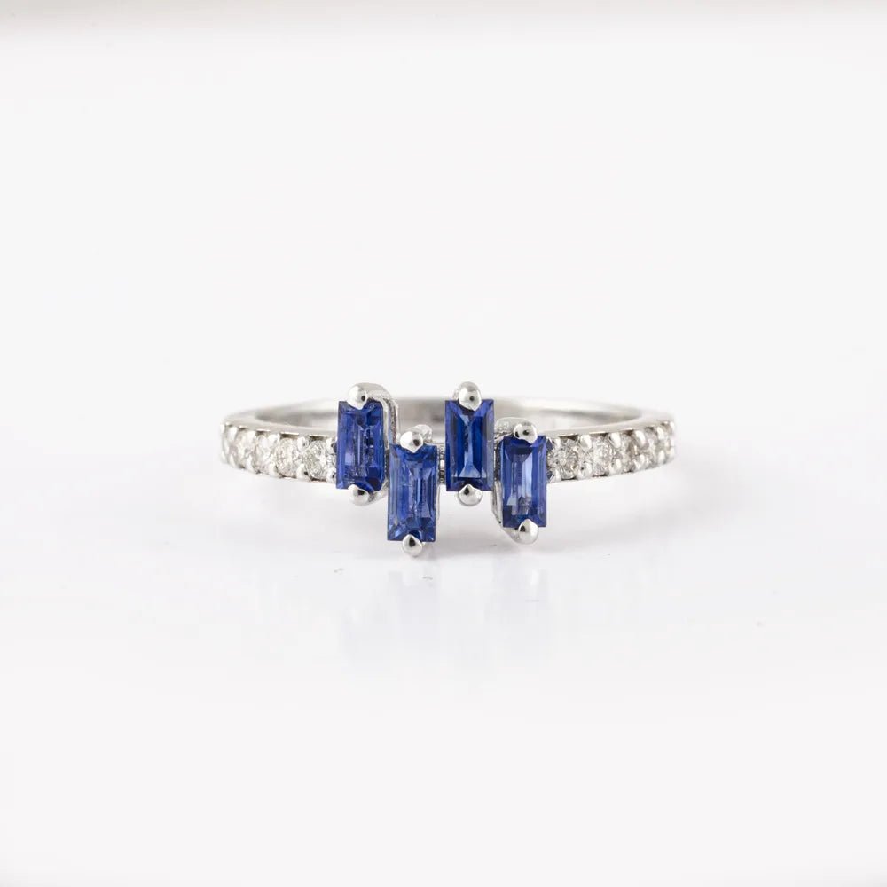 Minimal Jewelry Natural Blue Sapphire & Diamond 14K Solid White Gold Stackable Band Ring