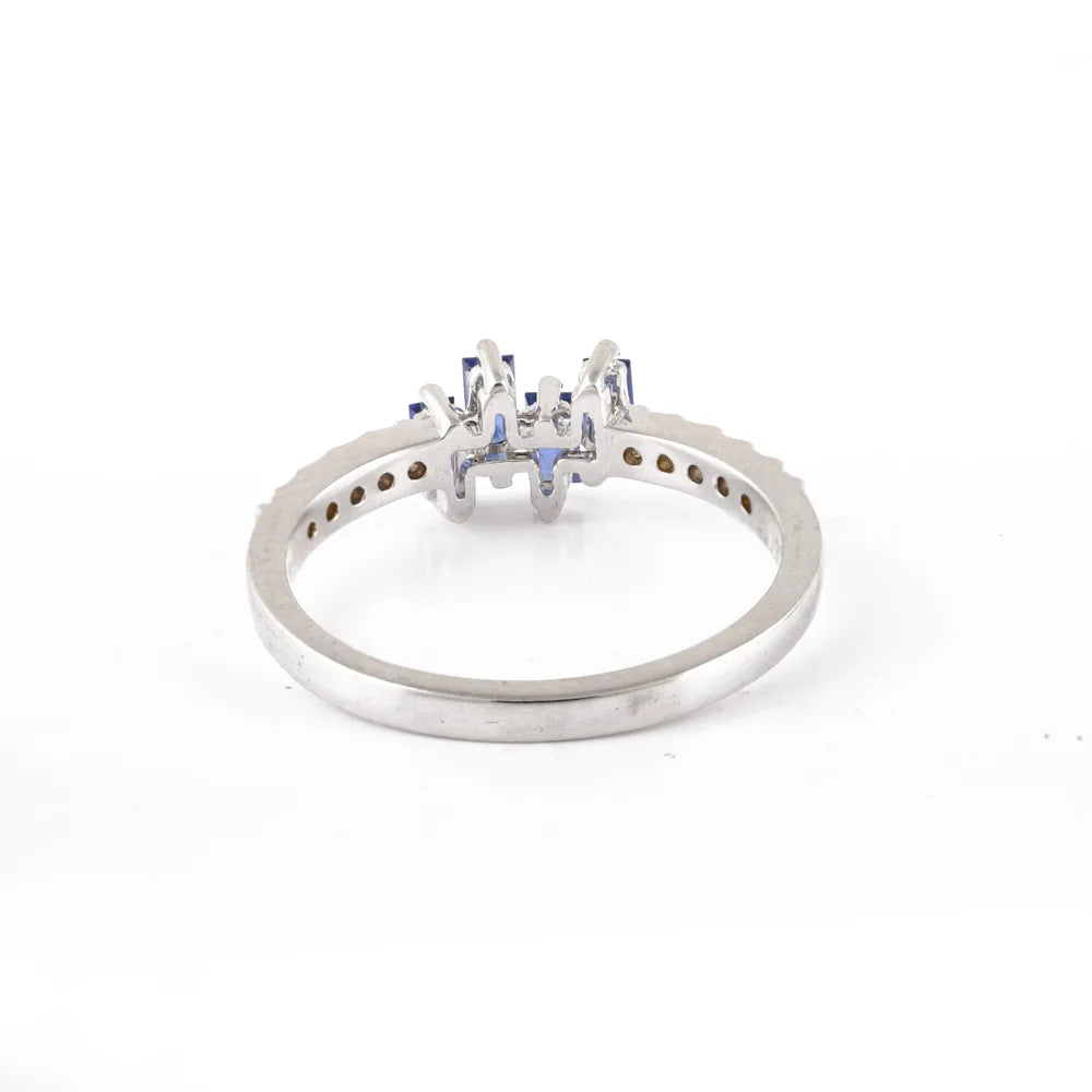 Minimal Jewelry Natural Blue Sapphire & Diamond 14K Solid White Gold Stackable Band Ring