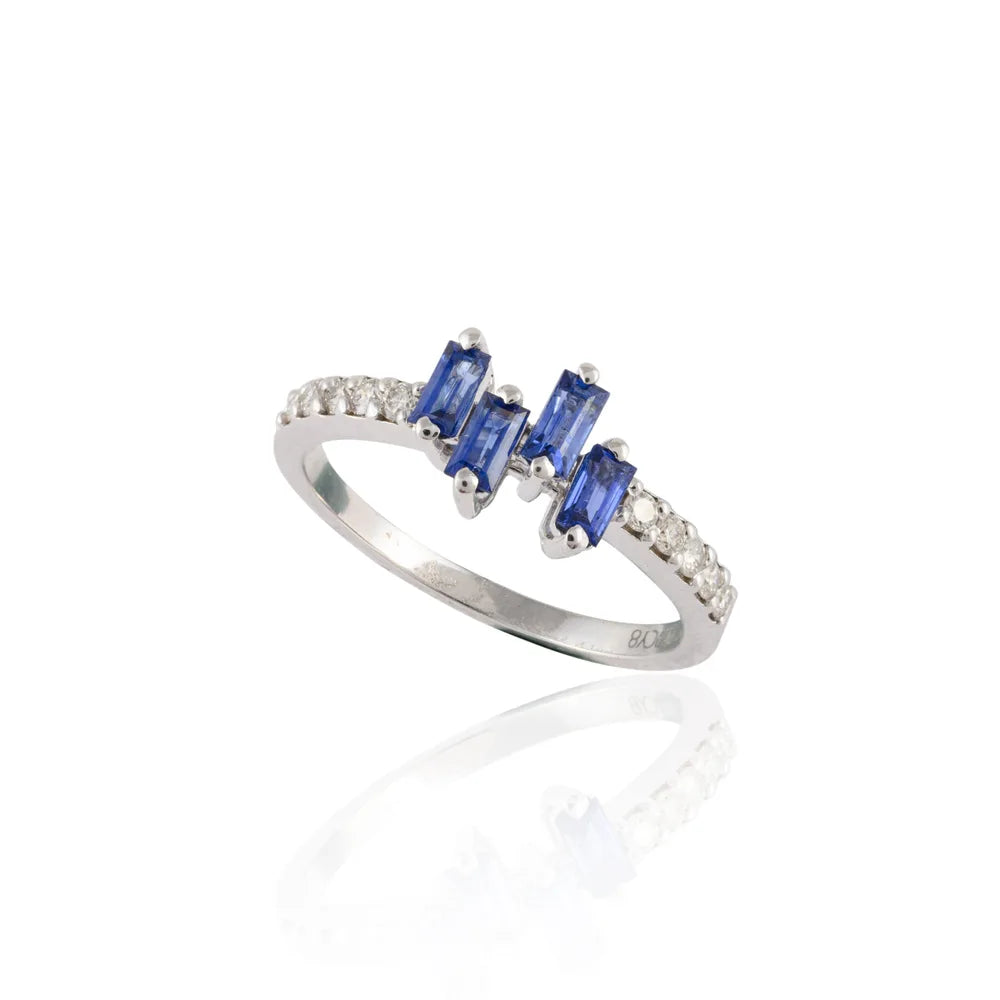 Minimal Jewelry Natural Blue Sapphire & Diamond 14K Solid White Gold Stackable Band Ring