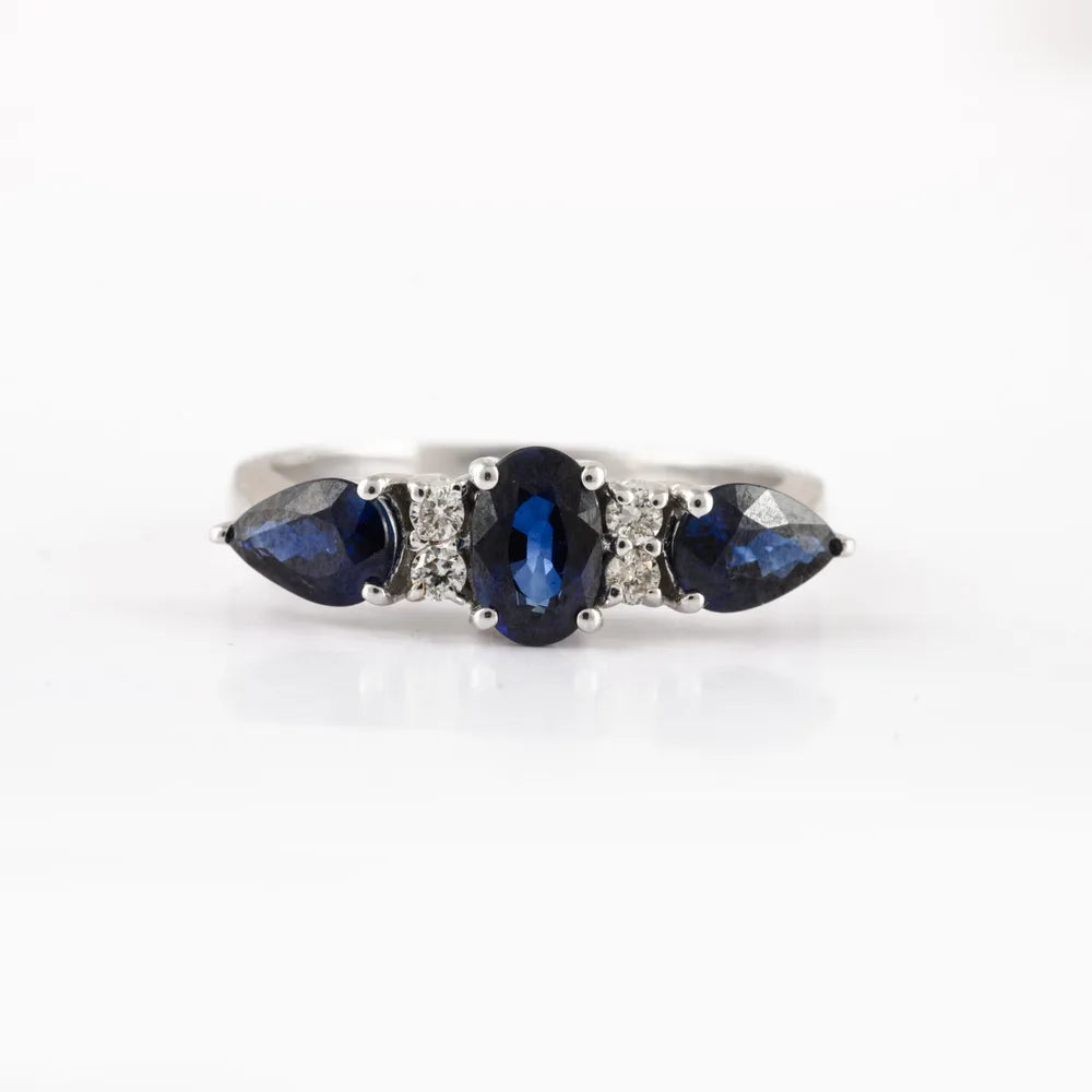 Custom Jewelry Natural Three Blue Sapphire & Diamond 14K Solid White Gold Statement Ring