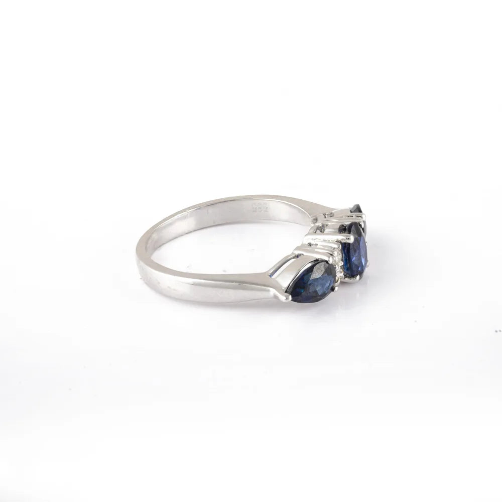 Custom Jewelry Natural Three Blue Sapphire & Diamond 14K Solid White Gold Statement Ring