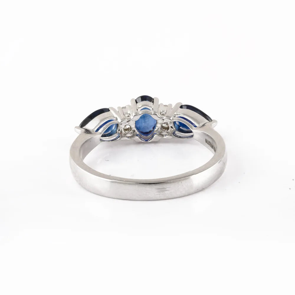 Custom Jewelry Natural Three Blue Sapphire & Diamond 14K Solid White Gold Statement Ring