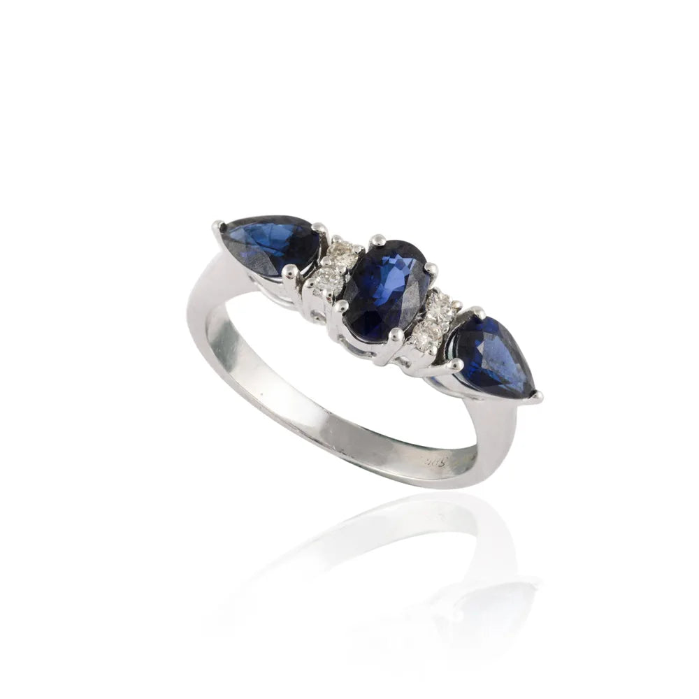 Custom Jewelry Natural Three Blue Sapphire & Diamond 14K Solid White Gold Statement Ring