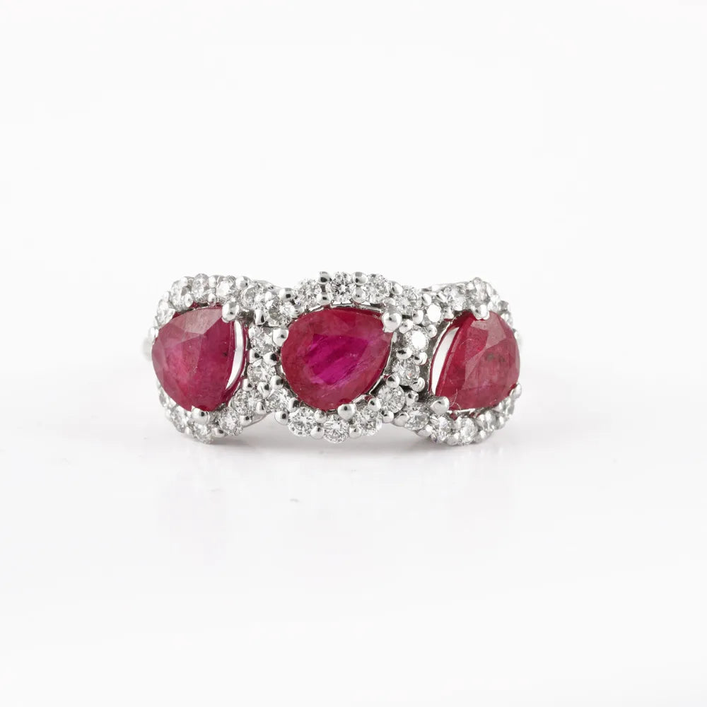 18K Solid White Gold Natural Three Stone Ruby & Diamond Triple Cocktail Ring