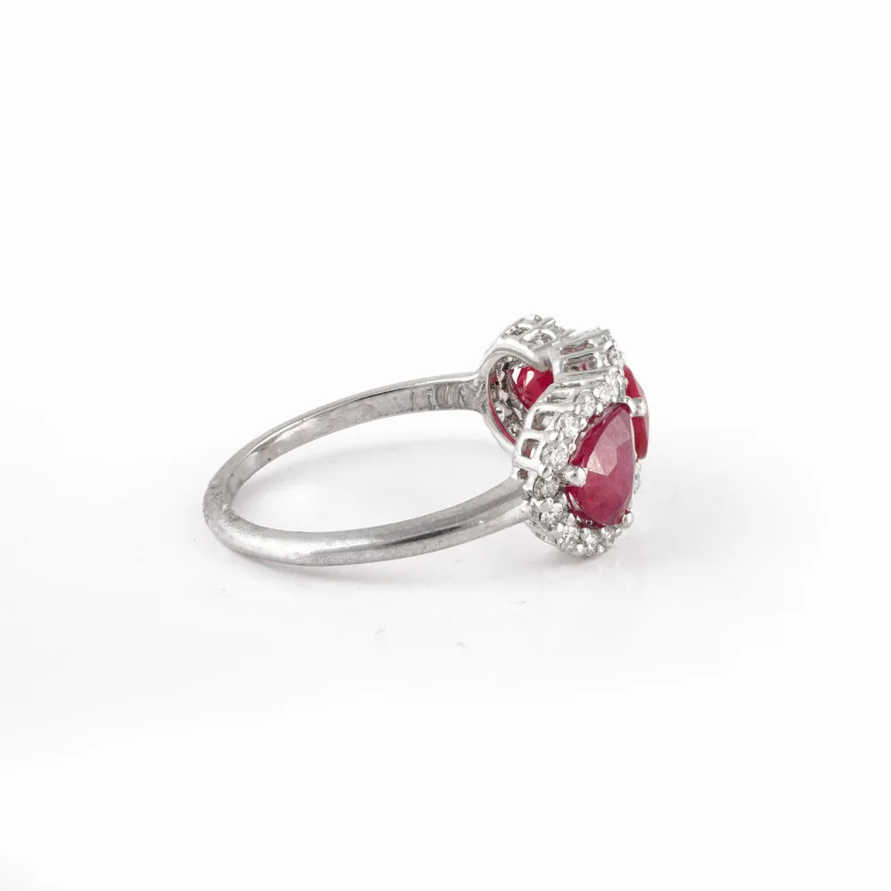 18K Solid White Gold Natural Three Stone Ruby & Diamond Triple Cocktail Ring