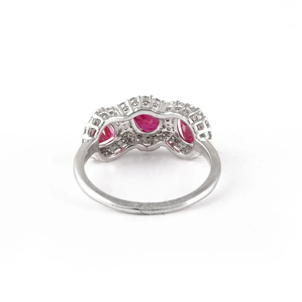 18K Solid White Gold Natural Three Stone Ruby & Diamond Triple Cocktail Ring