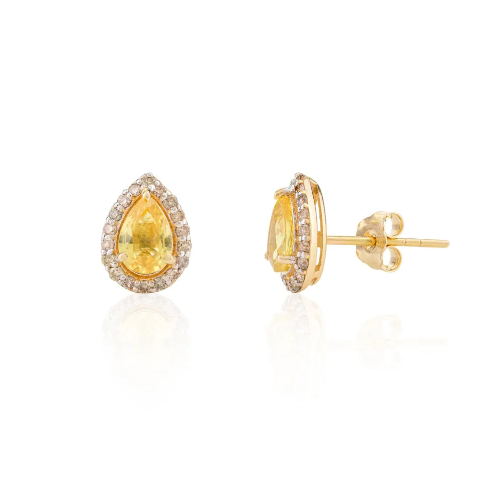 Customized Jewelry Natural Yellow Sapphire & Diamond 18K Solid Yellow Gold Stud Earrings