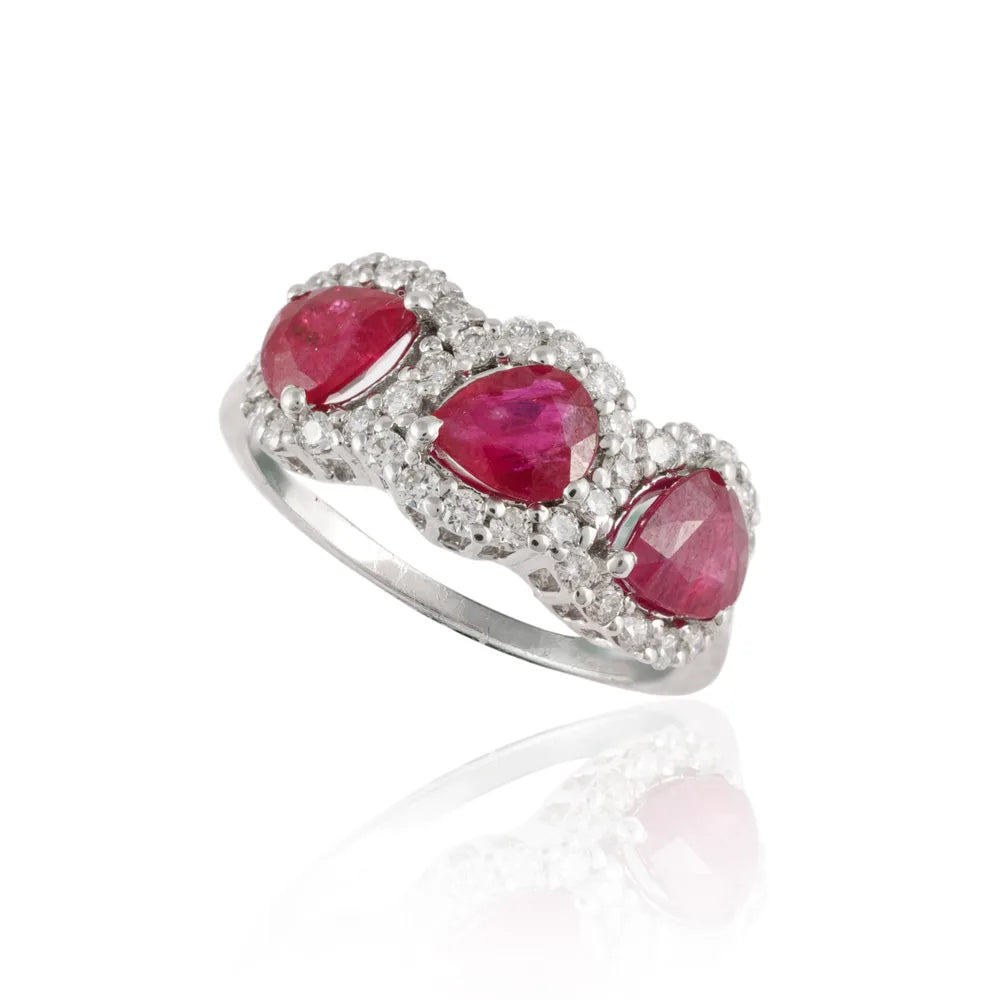 18K Solid White Gold Natural Three Stone Ruby & Diamond Triple Cocktail Ring