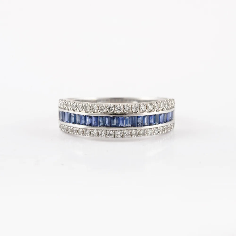 Fashionable Natural Blue Sapphire & Diamond 18K Fine White Gold Stackable Band Ring