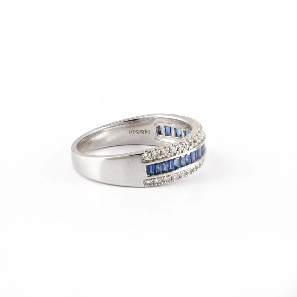 Fashionable Natural Blue Sapphire & Diamond 18K Fine White Gold Stackable Band Ring