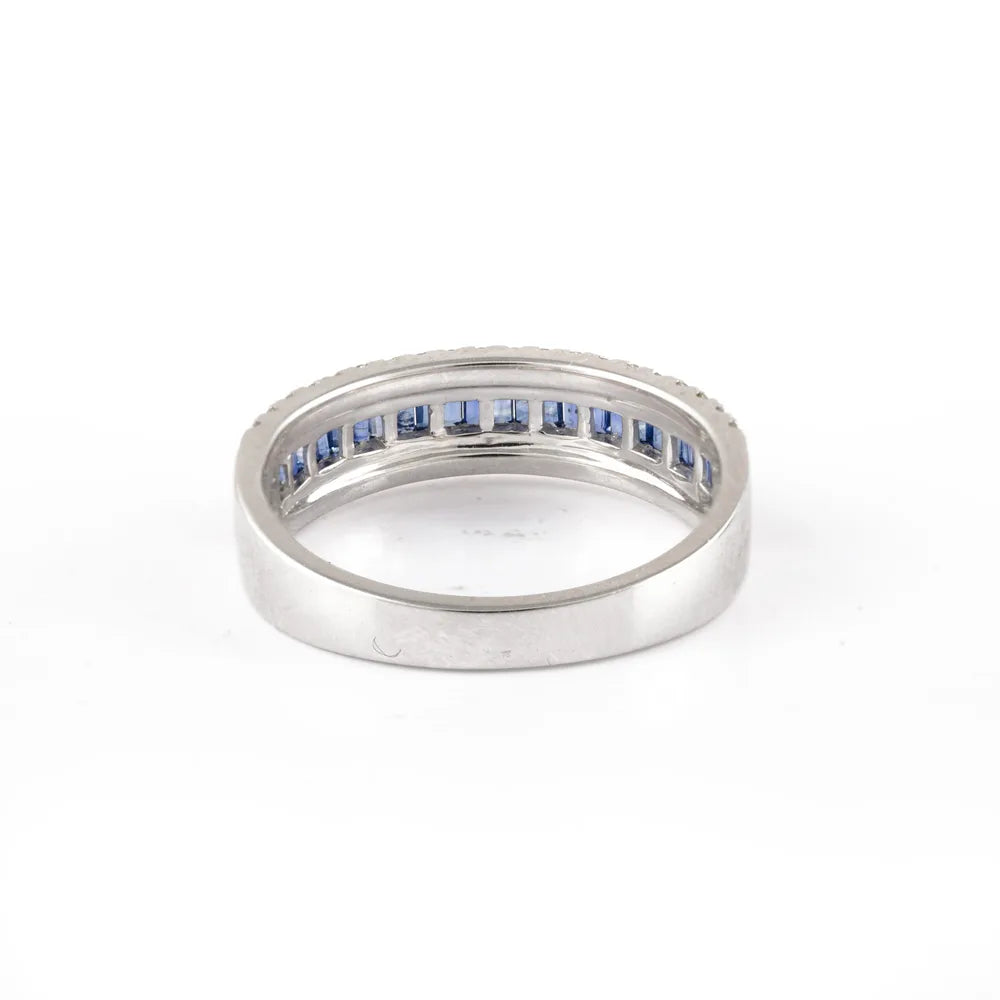 Fashionable Natural Blue Sapphire & Diamond 18K Fine White Gold Stackable Band Ring