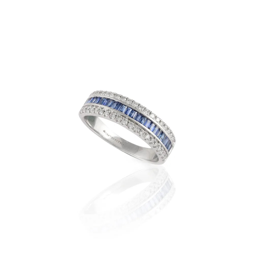 Fashionable Natural Blue Sapphire & Diamond 18K Fine White Gold Stackable Band Ring