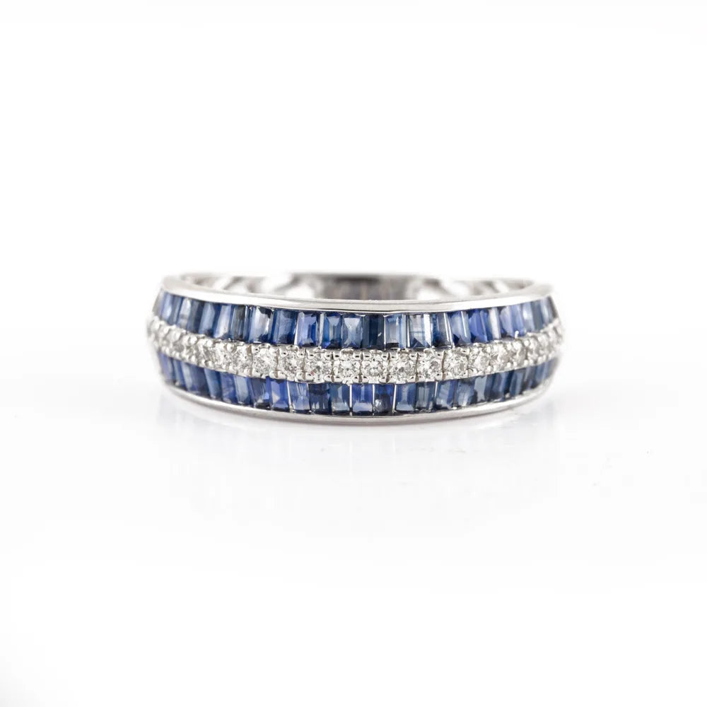 Handcrafted Natural Blue Sapphire & Diamond 18K Solid White Gold Stackable Band Ring