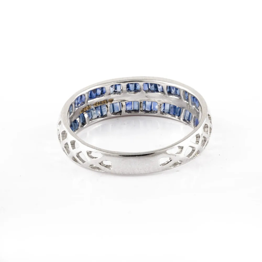 Handcrafted Natural Blue Sapphire & Diamond 18K Solid White Gold Stackable Band Ring