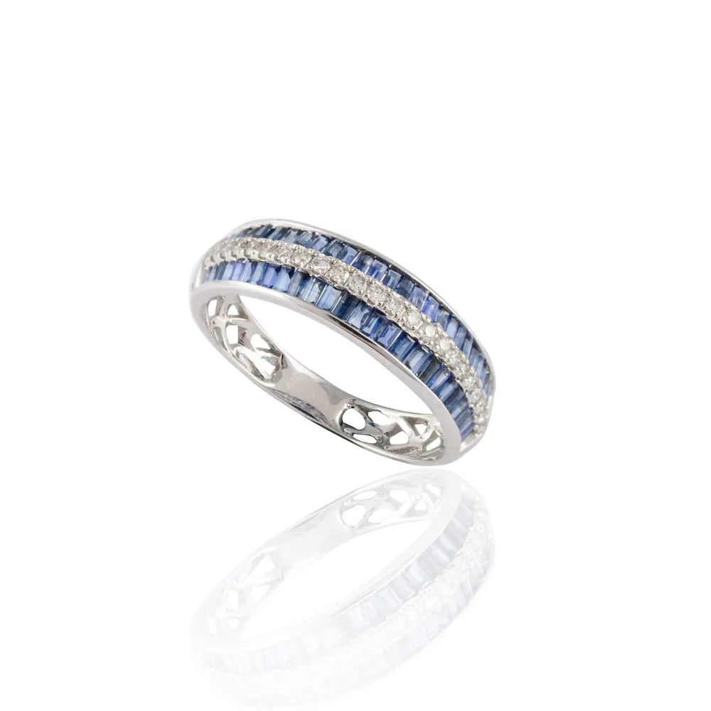 Handcrafted Natural Blue Sapphire & Diamond 18K Solid White Gold Stackable Band Ring