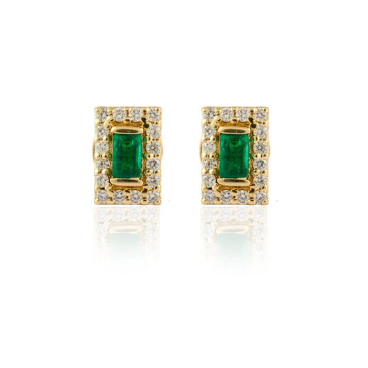 Custom Jewelry Natural Emerald & Diamond 14K Solid Yellow Gold Minimal Stud Earring