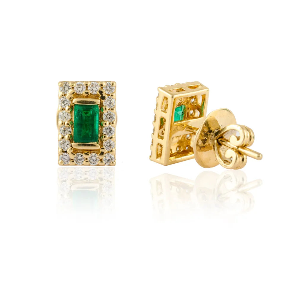 Custom Jewelry Natural Emerald & Diamond 14K Solid Yellow Gold Minimal Stud Earring