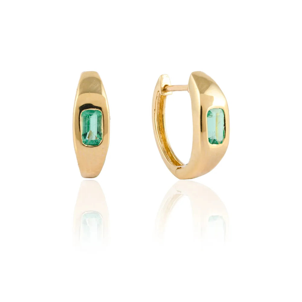 Trending Jewelry Natural Emerald 14K Solid Yellow Gold Minimal Dome Huggie Earring