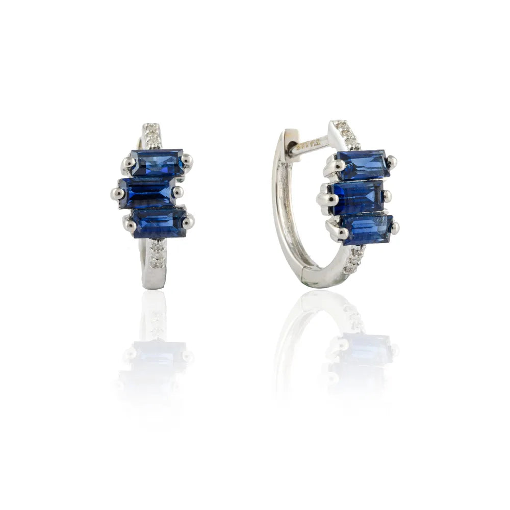 Handmade Jewelry Natural Blue Sapphire & Diamond 18K White Gold Minimal Russian Lock Hoop Earring